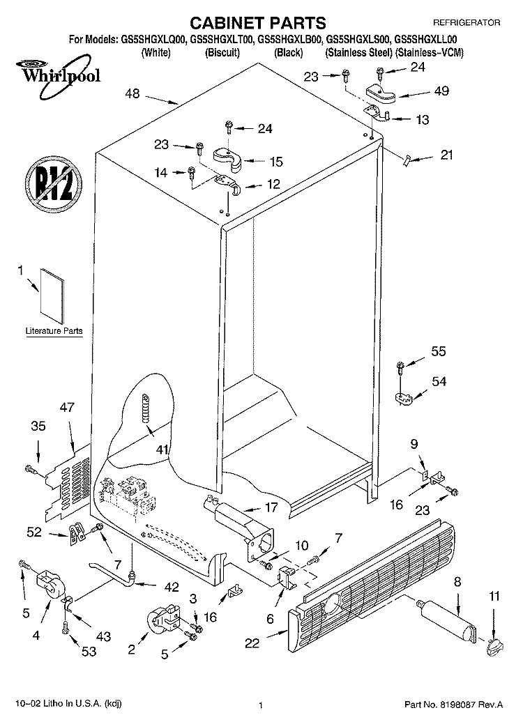 CABINET, LITERATURE Diagram and Parts List for GS5SHGXLS00  Whirlpool Refrigerator