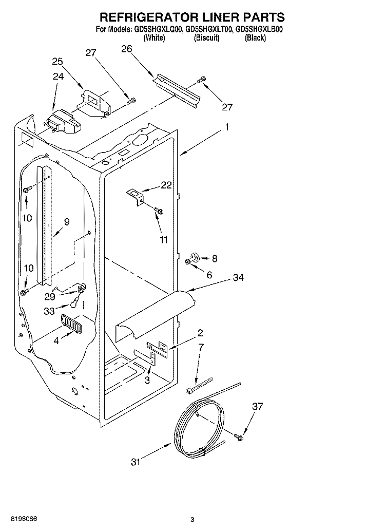 REFRIGERATOR LINER Diagram and Parts List for GD5SHGXLQ00  Whirlpool Refrigerator
