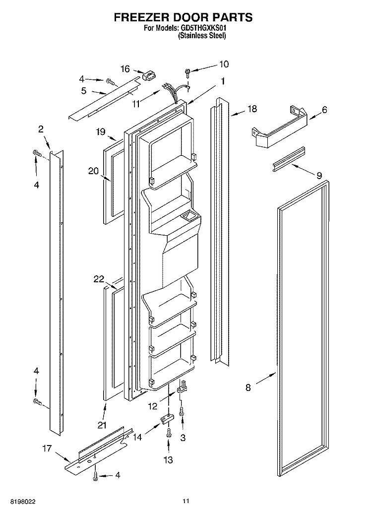 FREEZER DOOR Diagram and Parts List for GD5THGXKS01  Whirlpool Refrigerator