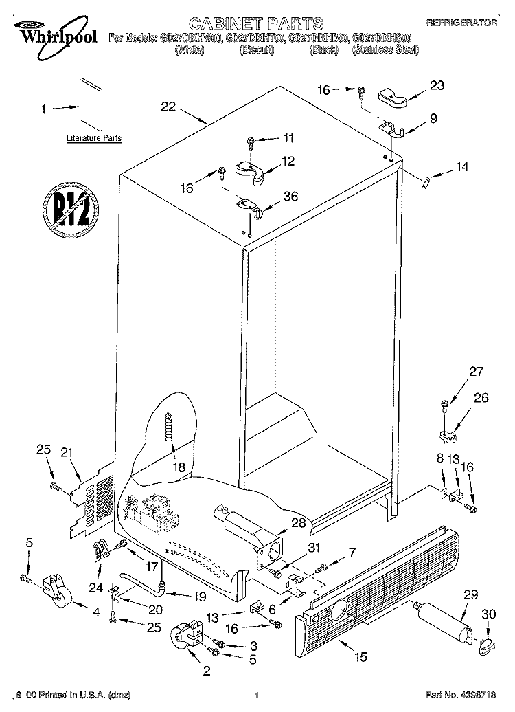 CABINET, LITERATURE Diagram and Parts List for GD27DIXHS00  Whirlpool Refrigerator
