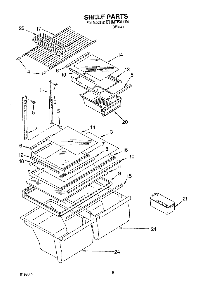 SHELF PARTS, OPTIONAL PARTS Diagram and Parts List for ET1MTEXLQ02  Whirlpool Refrigerator
