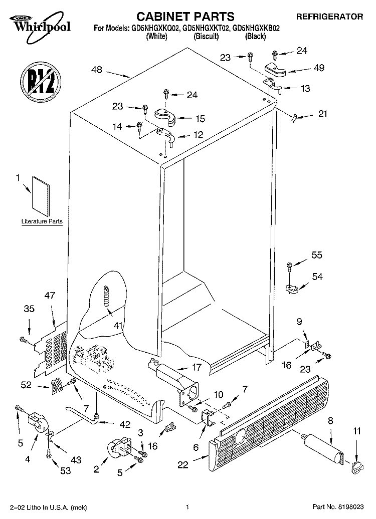 CABINET, LITERATURE Diagram and Parts List for GD5NHGXKT02  Whirlpool Refrigerator