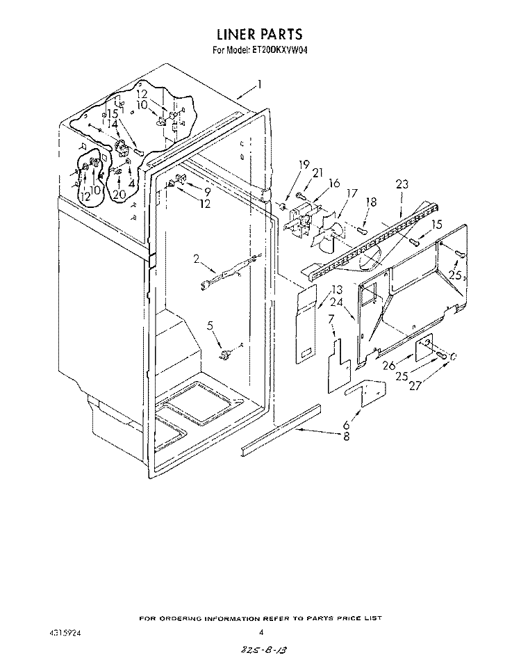 LINER Diagram and Parts List for ET20DKXVM04  Whirlpool Refrigerator