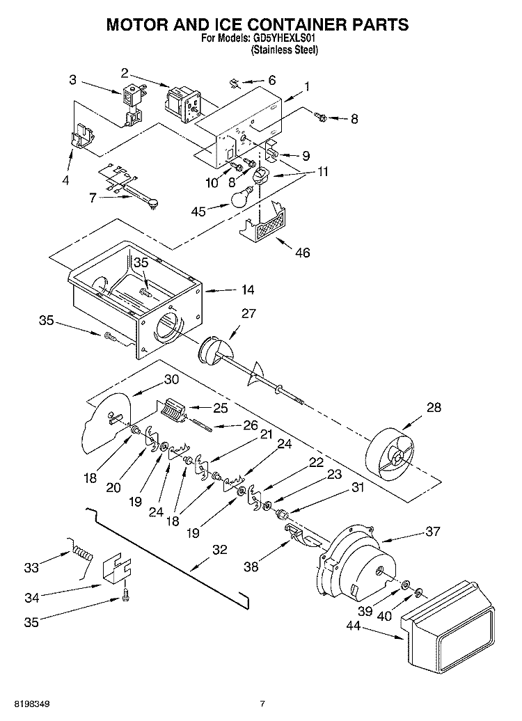 MOTOR AND ICE CONTAINER PARTS Diagram and Parts List for GD5YHEXLS01  Whirlpool Refrigerator