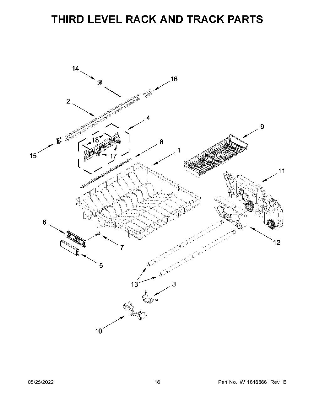 Third Level Rack And Track Parts Diagram and Parts List for  KitchenAid Dishwasher