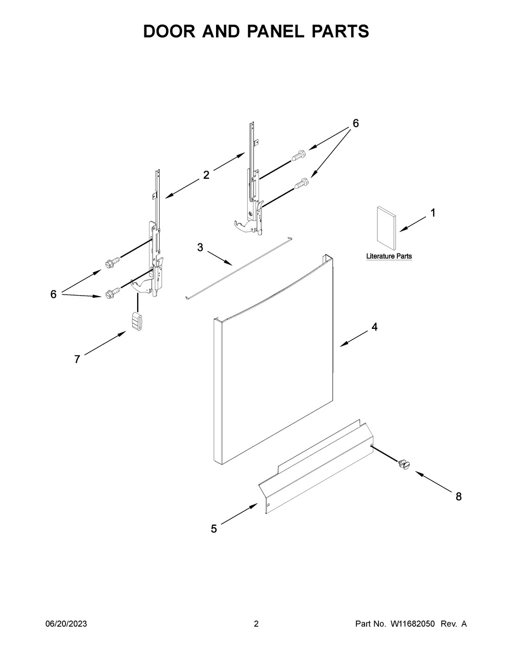 Door And Panel Parts Diagram and Parts List for  Whirlpool Dishwasher