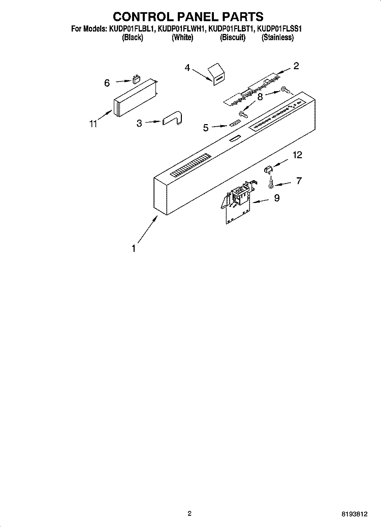 CONTROL PANEL PARTS Diagram and Parts List for  KitchenAid Dishwasher