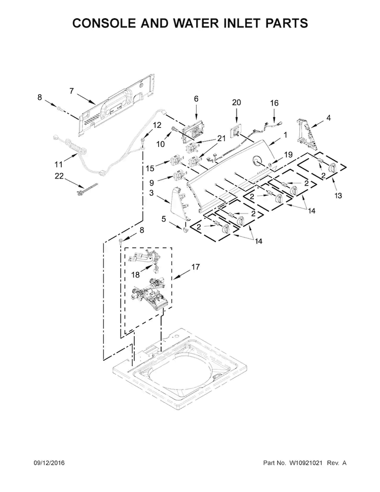 Console And Water Inlet Parts Diagram and Parts List for  Kenmore Washer