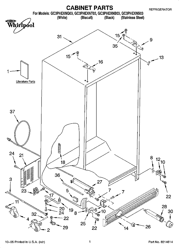 CABINET PARTS Diagram and Parts List for GC3PHEXNT03  Whirlpool Refrigerator