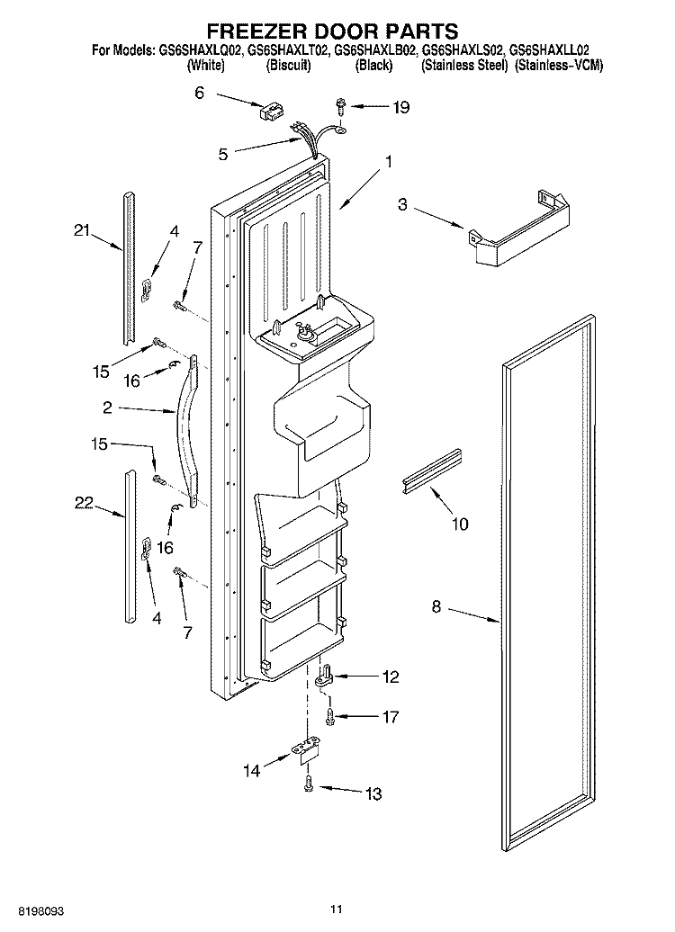 FREEZER DOOR Diagram and Parts List for GS6SHAXLS02  Whirlpool Refrigerator