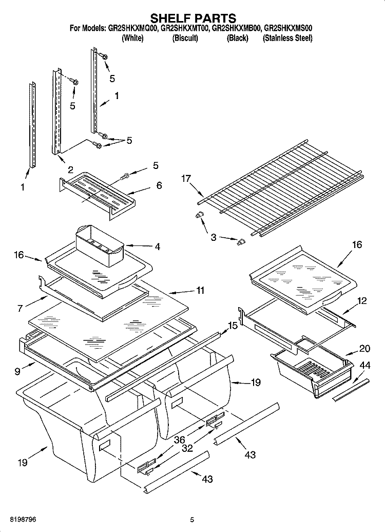 SHELF PARTS Diagram and Parts List for GR2SHKXMQ00  Whirlpool Refrigerator