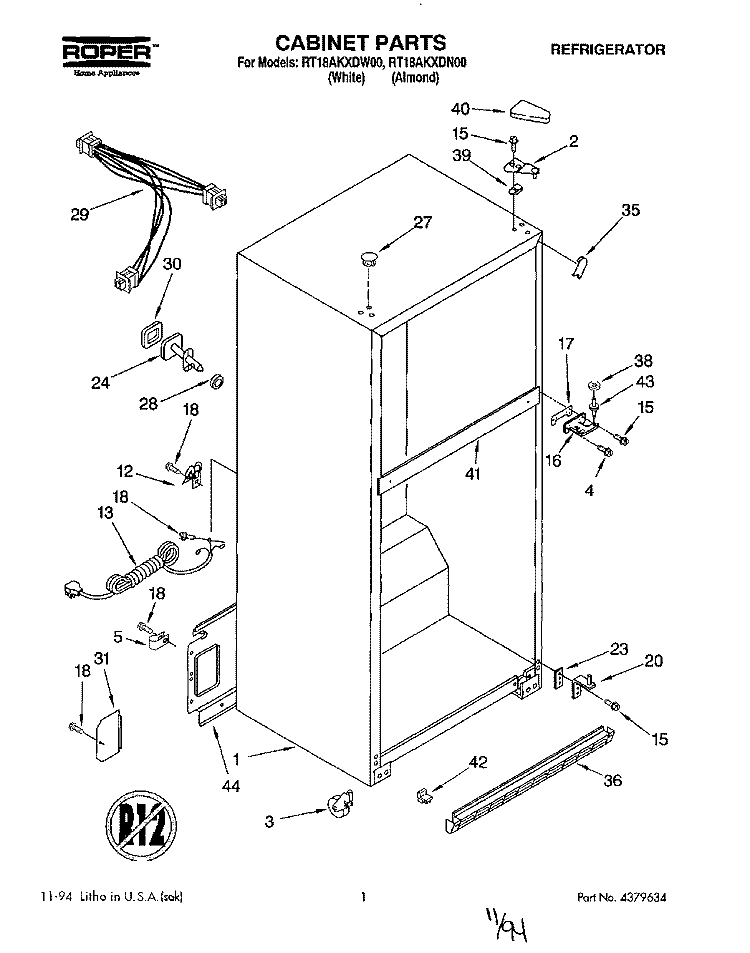 CABINET Diagram and Parts List for  Roper Refrigerator