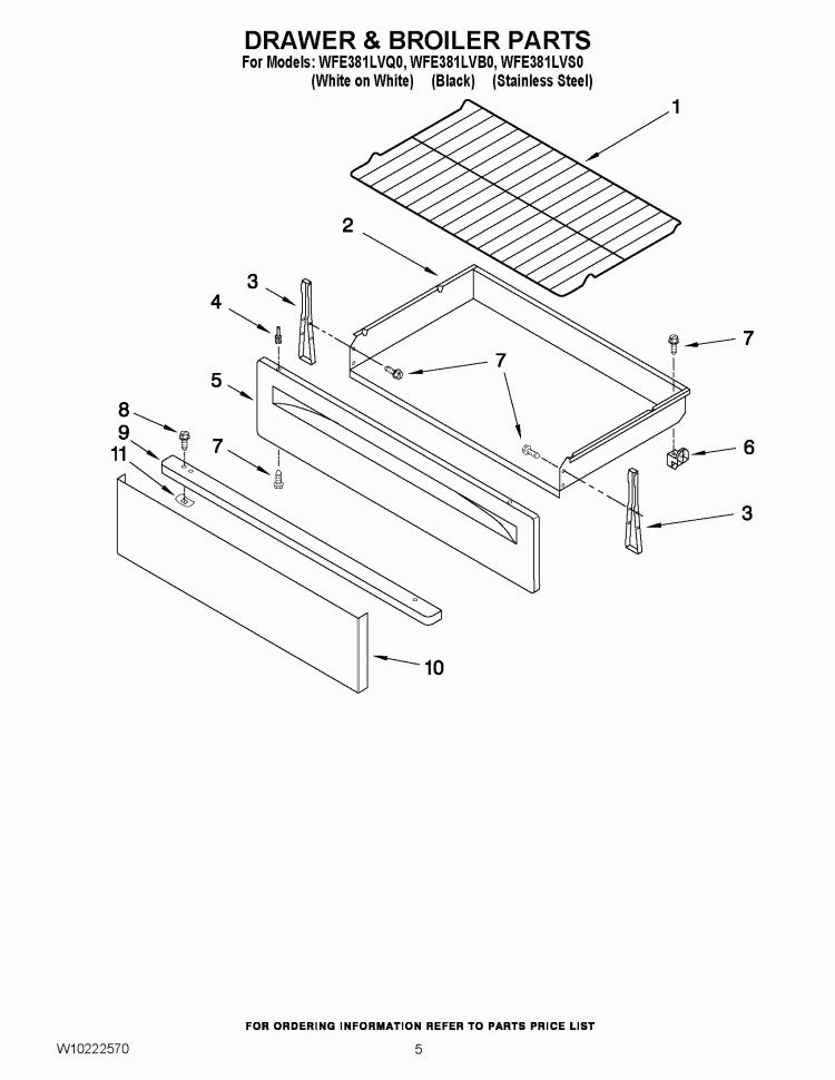 DRAWER & BROILER PARTS Diagram and Parts List for  Whirlpool Range