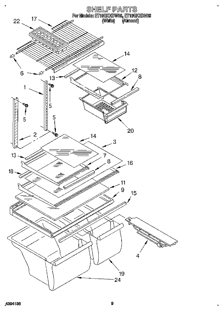 SHELF, LIT/OPTIONAL Diagram and Parts List for ET18GKXDW05  Whirlpool Refrigerator