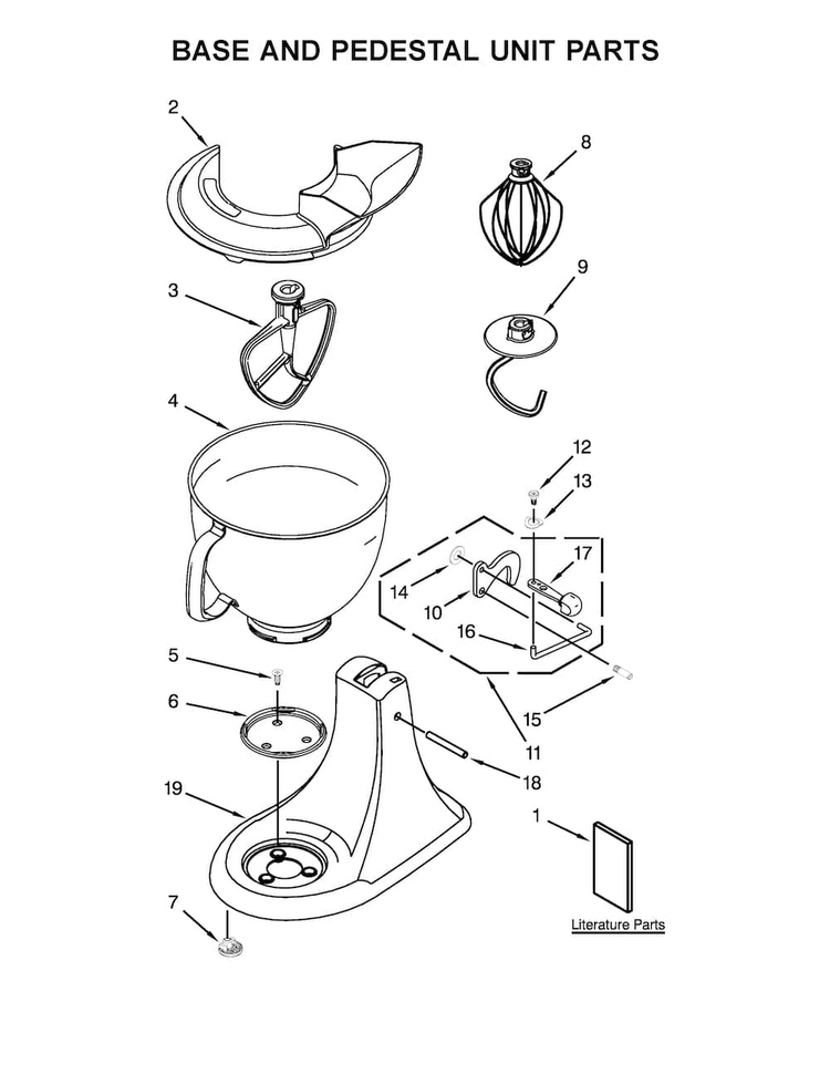 Base And Pedestal Unit Parts Diagram and Parts List for  KitchenAid Mixer
