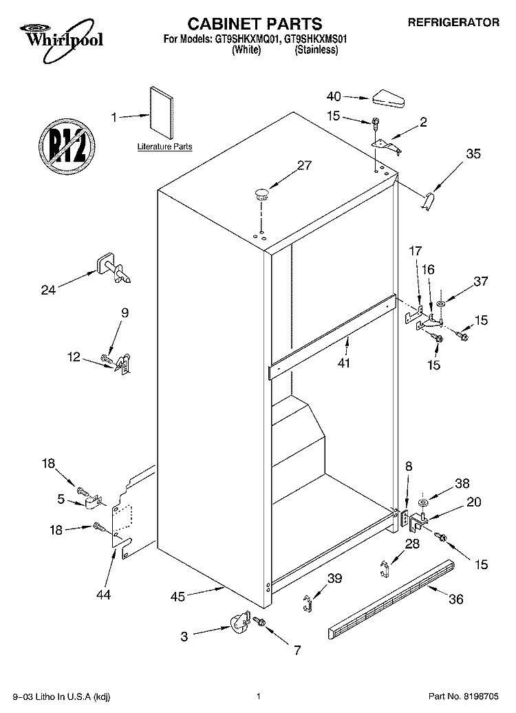 CABINET PARTS Diagram and Parts List for GT9SHKXMQ01  Whirlpool Refrigerator