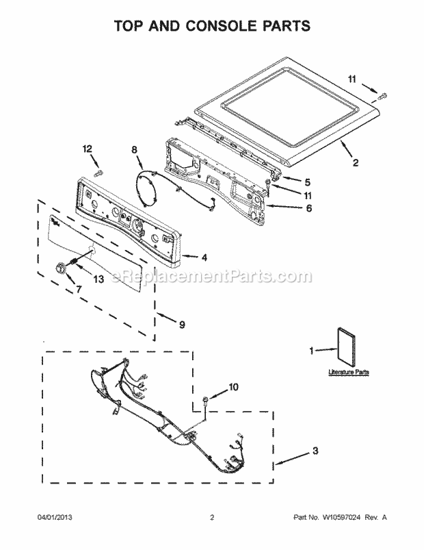 TOP AND CONSOLE PARTS Diagram and Parts List for  Whirlpool Dryer