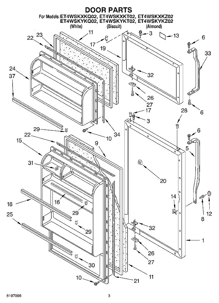 DOOR Diagram and Parts List for ET4WSKYKQ02  Whirlpool Refrigerator