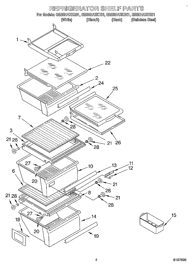 REFRIGERATOR SHELF Diagram and Parts List for GS6SHAXKQ01  Whirlpool Refrigerator