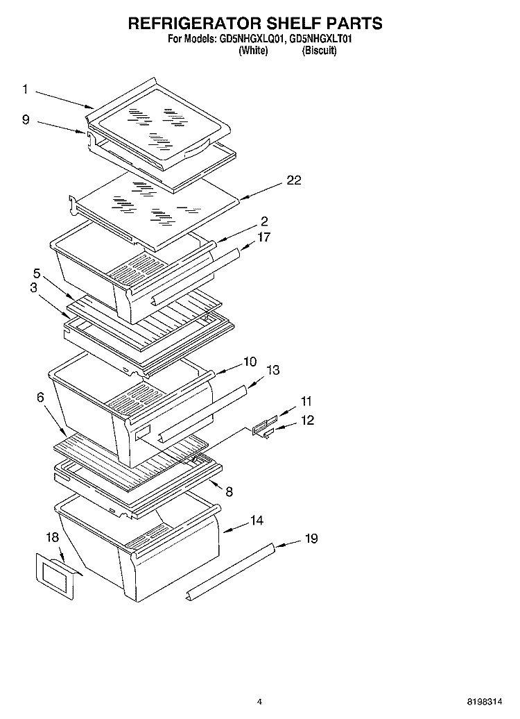 REFRIGERATOR SHELF Diagram and Parts List for GD5NHGXLT01  Whirlpool Refrigerator