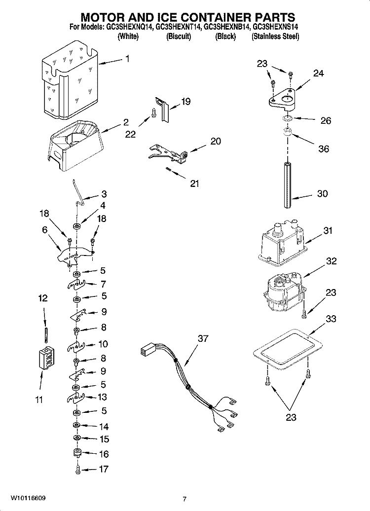 MOTOR AND ICE CONTAINER PARTS Diagram and Parts List for GC3SHEXNB14  Whirlpool Refrigerator