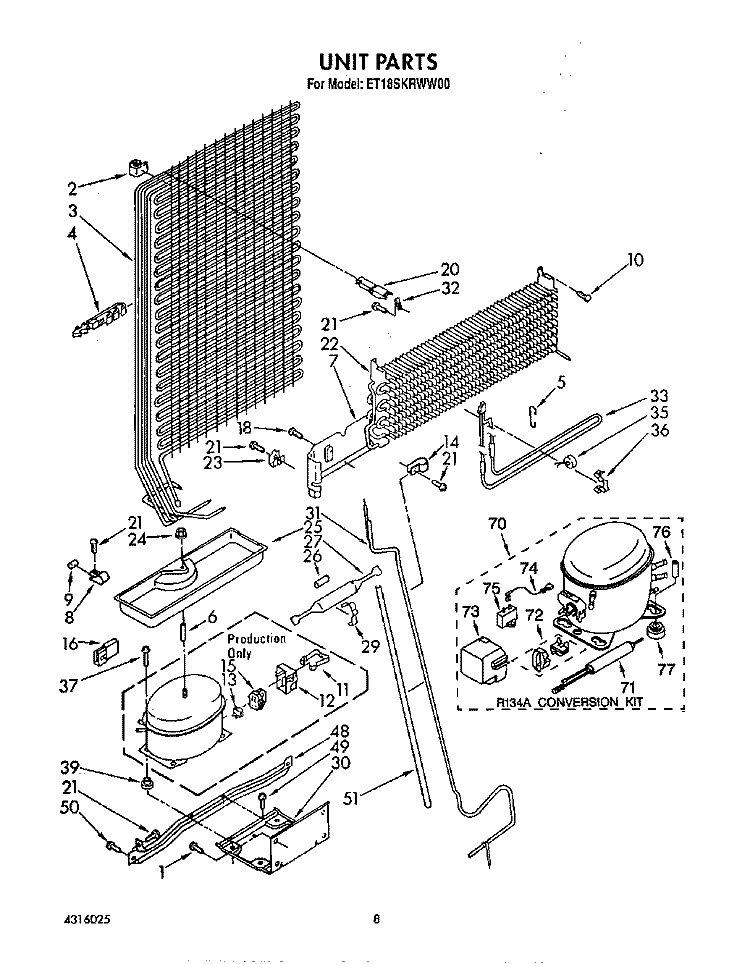 UNIT Diagram and Parts List for ET18SKRWN00  Whirlpool Refrigerator