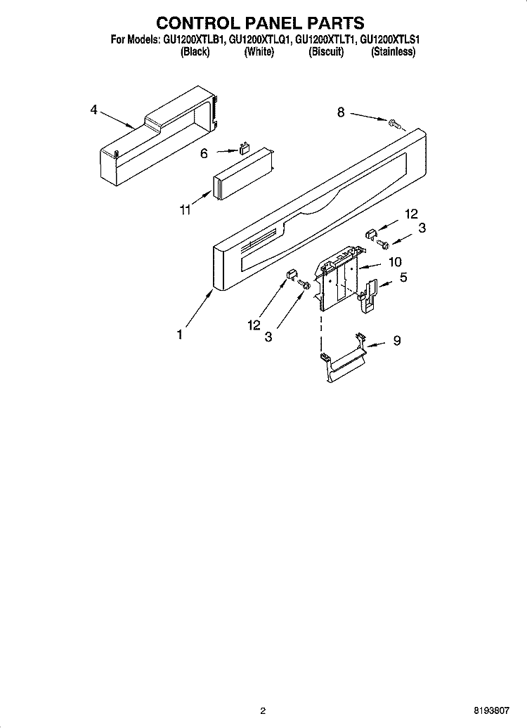 CONTROL PANEL PARTS Diagram and Parts List for  Whirlpool Dishwasher