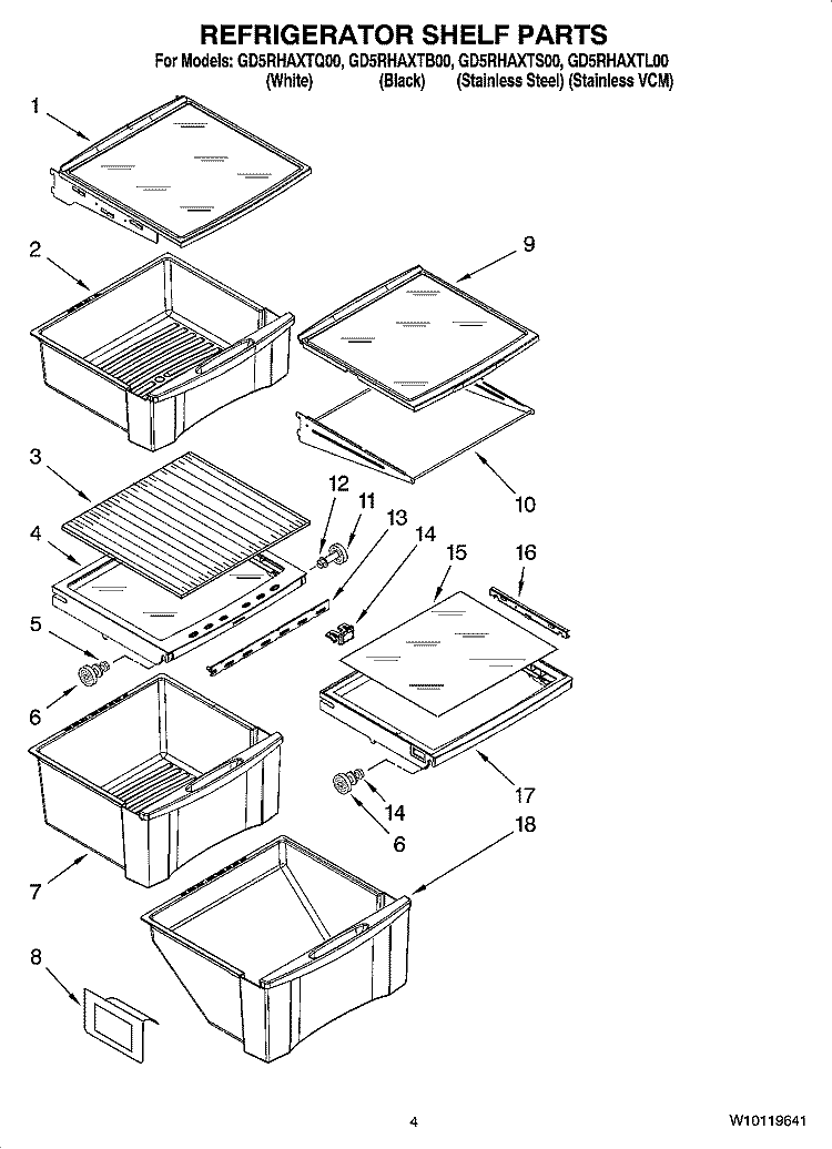 REFRIGERATOR SHELF PARTS Diagram and Parts List for GD5RHAXTQ00  Whirlpool Refrigerator