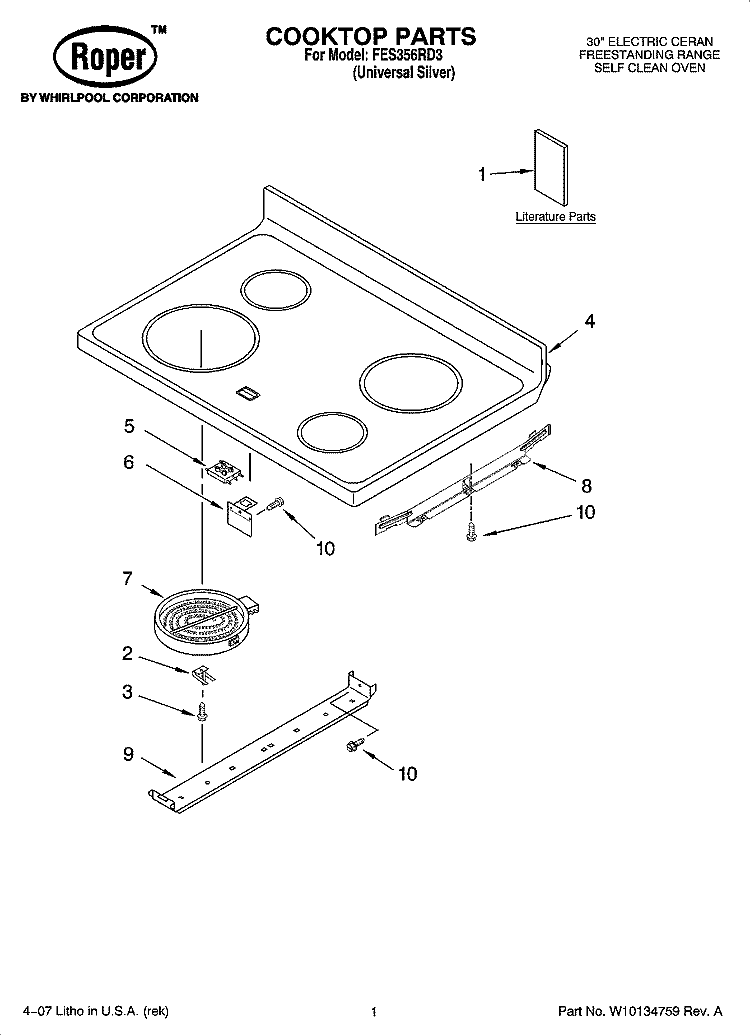 COOKTOP PARTS Diagram and Parts List for  Roper Range