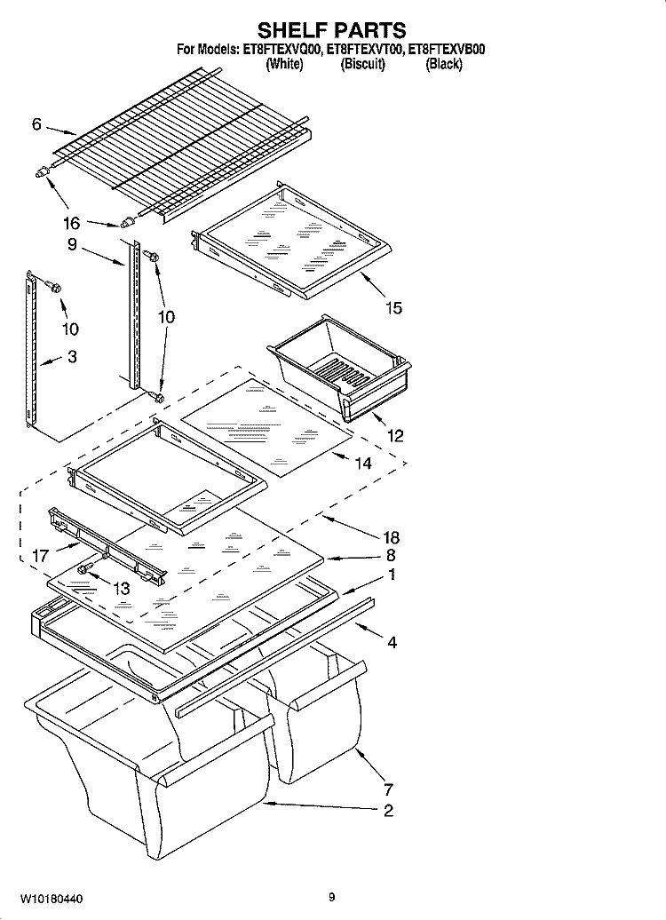 SHELF PARTS, OPTIONAL PARTS Diagram and Parts List for ET8FTEXVB00  Whirlpool Refrigerator