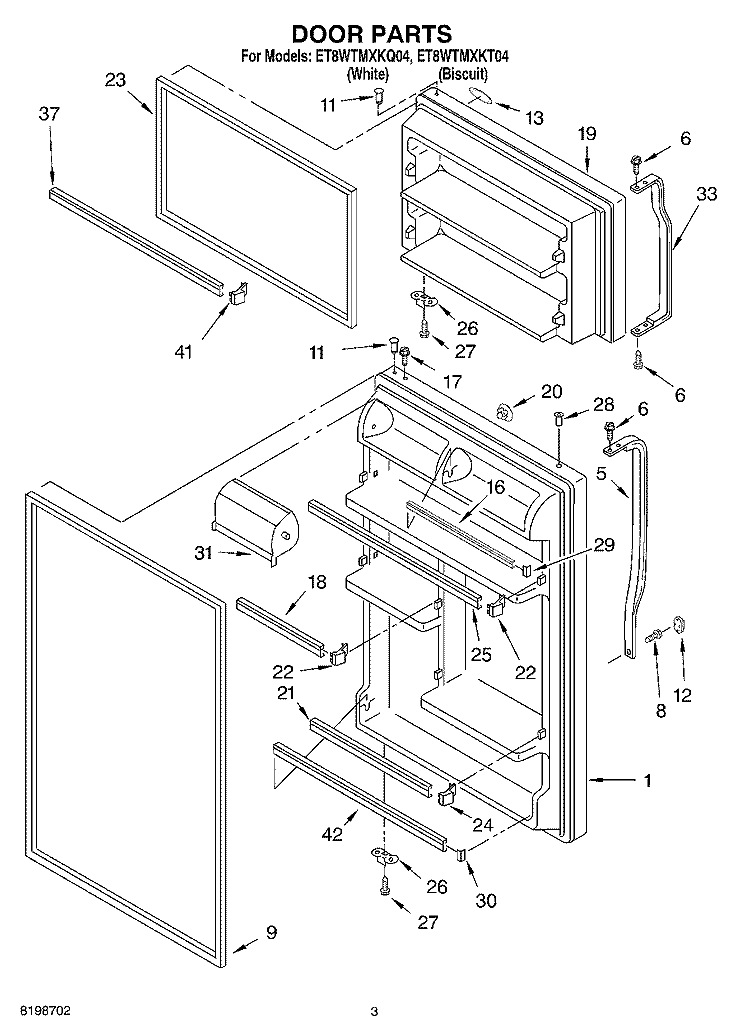 DOOR PARTS Diagram and Parts List for ET8WTMXKT04  Whirlpool Refrigerator