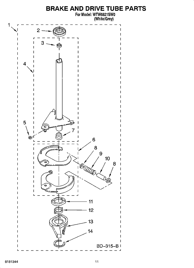 BRAKE AND DRIVE TUBE PARTS Diagram and Parts List for  Whirlpool Washer