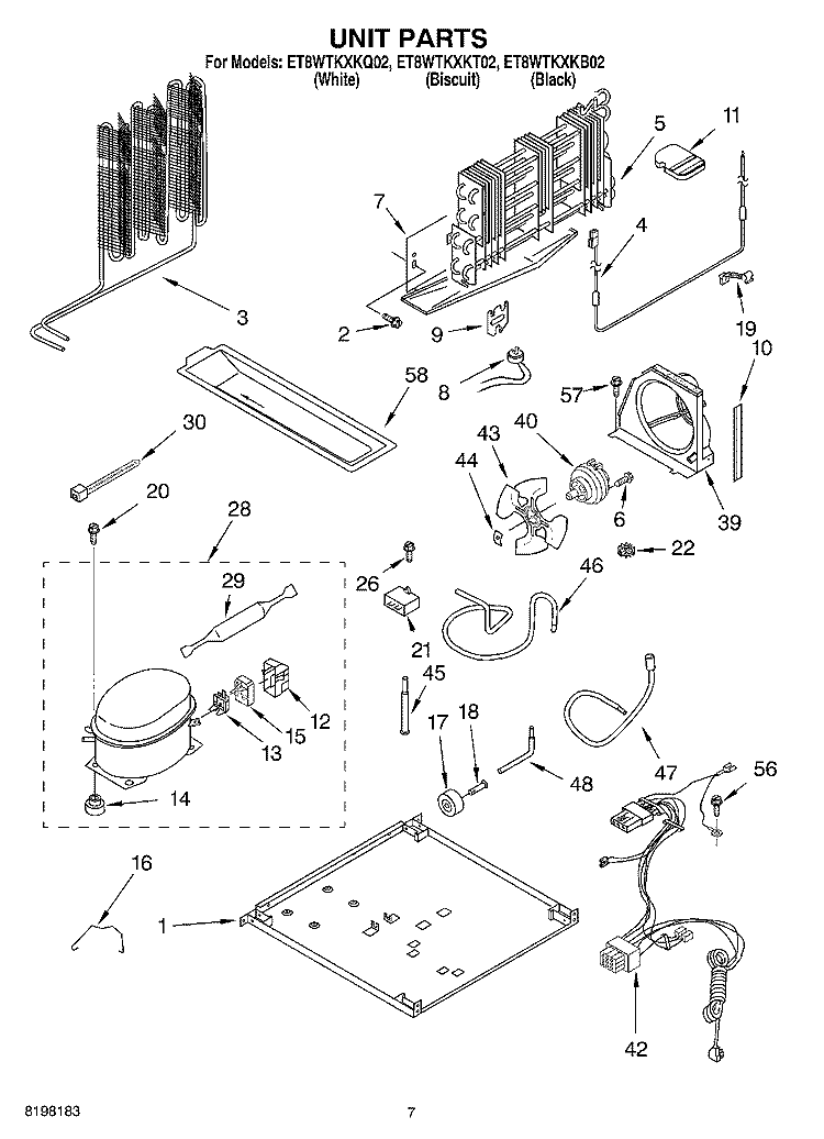 UNIT Diagram and Parts List for ET8WTKXKQ02  Whirlpool Refrigerator