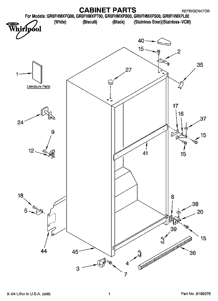 CABINET PARTS Diagram and Parts List for GR9FHMXPL00  Whirlpool Refrigerator