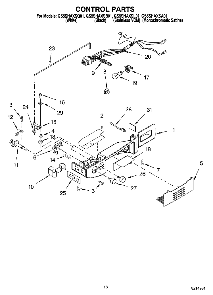 CONTROL PARTS Diagram and Parts List for GS5SHAXSB01  Whirlpool Refrigerator