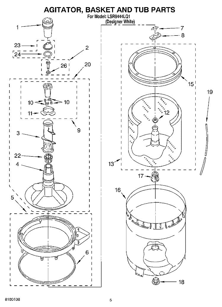 AGITATOR, BASKET AND TUB PARTS Diagram and Parts List for  Whirlpool Washer