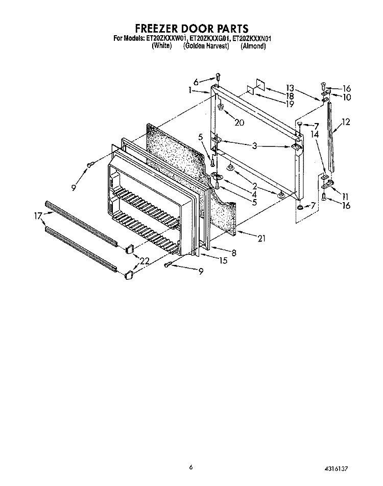 FREEZER DOOR Diagram and Parts List for ET20ZKXXG01  Whirlpool Refrigerator