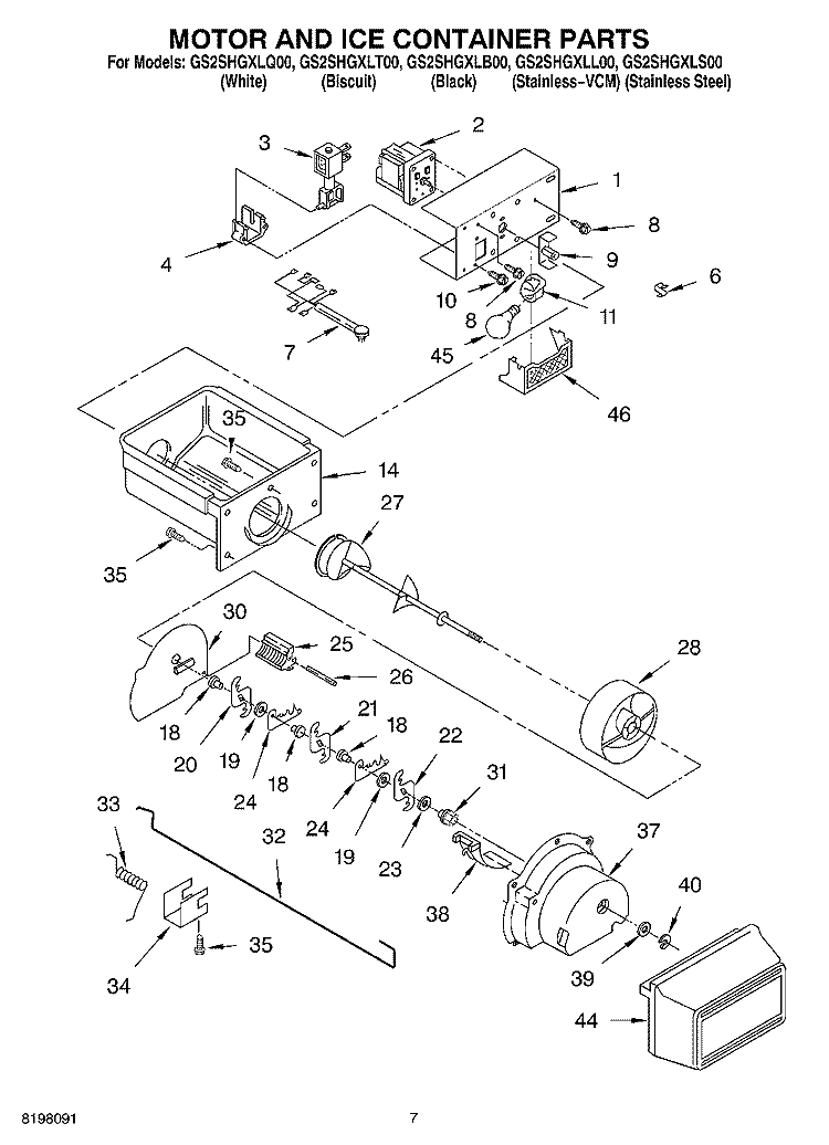 MOTOR AND ICE CONTAINER Diagram and Parts List for GS2SHGXLS00  Whirlpool Refrigerator
