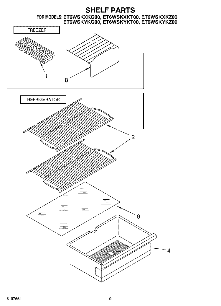 SHELF, OPTIONAL Diagram and Parts List for ET6WSKYKT00  Whirlpool Refrigerator