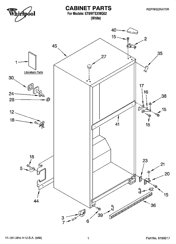 CABINET PARTS Diagram and Parts List for ET8WTEXMQ02  Whirlpool Refrigerator