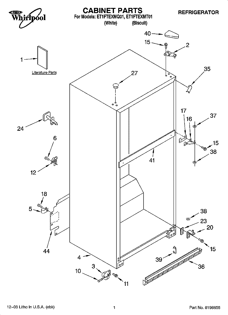 CABINET PARTS Diagram and Parts List for ET1FTEXMT01  Whirlpool Refrigerator