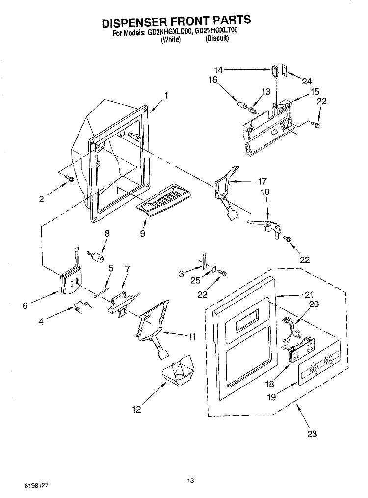 DISPENSER FRONT Diagram and Parts List for GD2NHGXLT00  Whirlpool Refrigerator