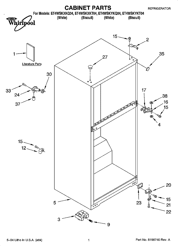 CABINET PARTS Diagram and Parts List for ET4WSKYKQ04  Whirlpool Refrigerator