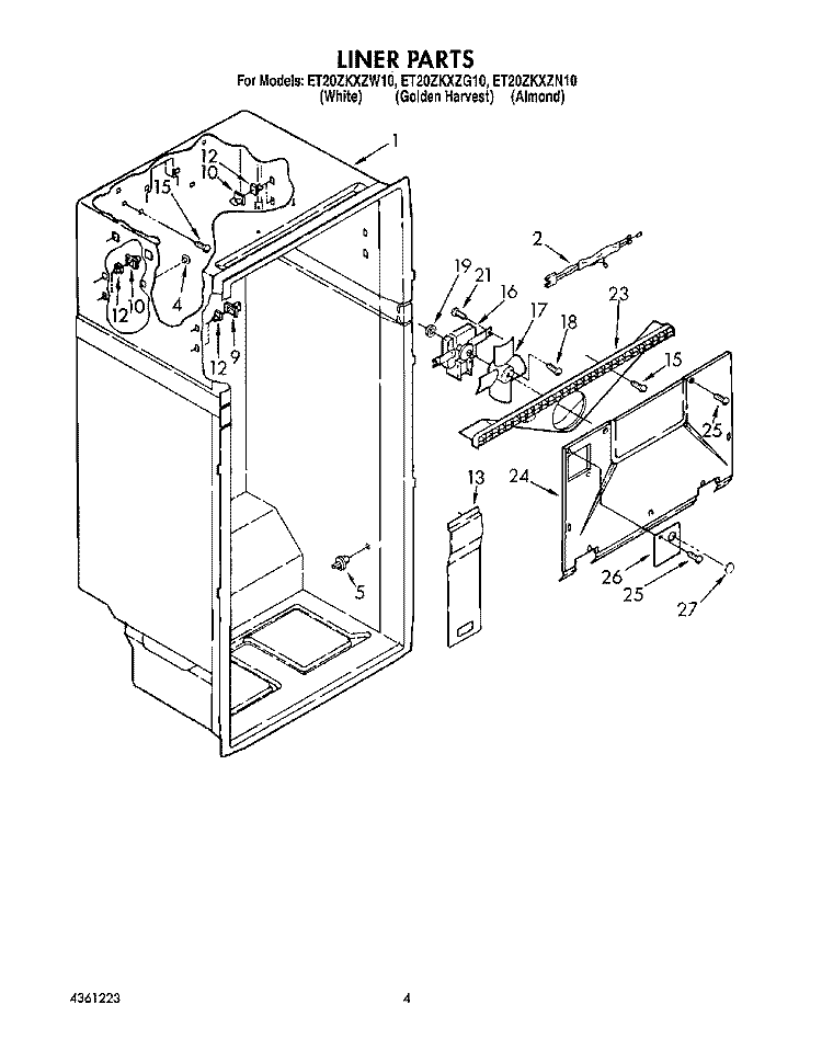 LINER Diagram and Parts List for ET20ZKXZN10  Whirlpool Refrigerator