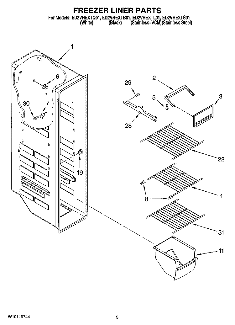 FREEZER LINER PARTS Diagram and Parts List for  Whirlpool Refrigerator