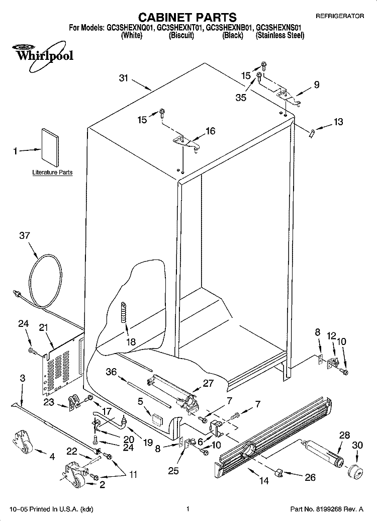 CABINET PARTS Diagram and Parts List for GC3SHEXNT01  Whirlpool Refrigerator