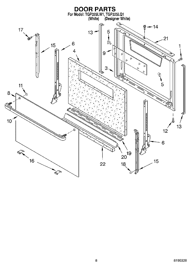 DOOR PARTS, MISCELLANEOUS PARTS Diagram and Parts List for TGP325LW1  Estate Range
