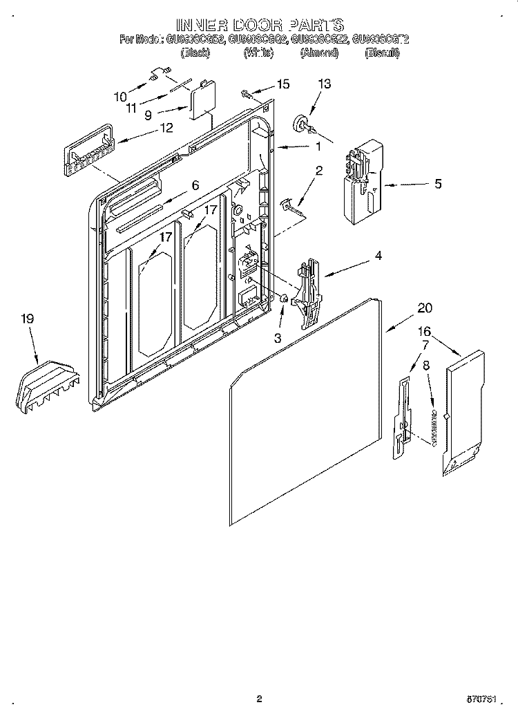 INNER DOOR Diagram and Parts List for  Whirlpool Dishwasher
