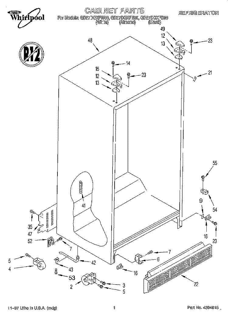 CABINET Diagram and Parts List for GD27DQXFB00  Whirlpool Refrigerator