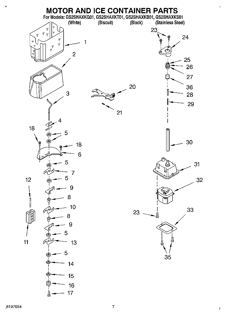 MOTOR AND ICE CONTAINER Diagram and Parts List for GS2SHAXKT01  Whirlpool Refrigerator